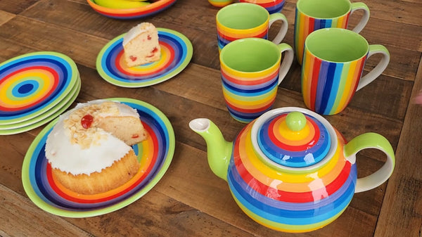 Fair Trade Rainbow Striped Teapot with matching tableware