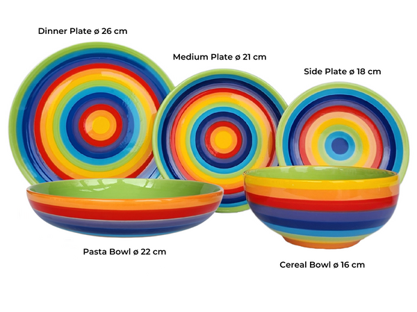 Comparison of size of various rainbow striped tableware, plates and bowls